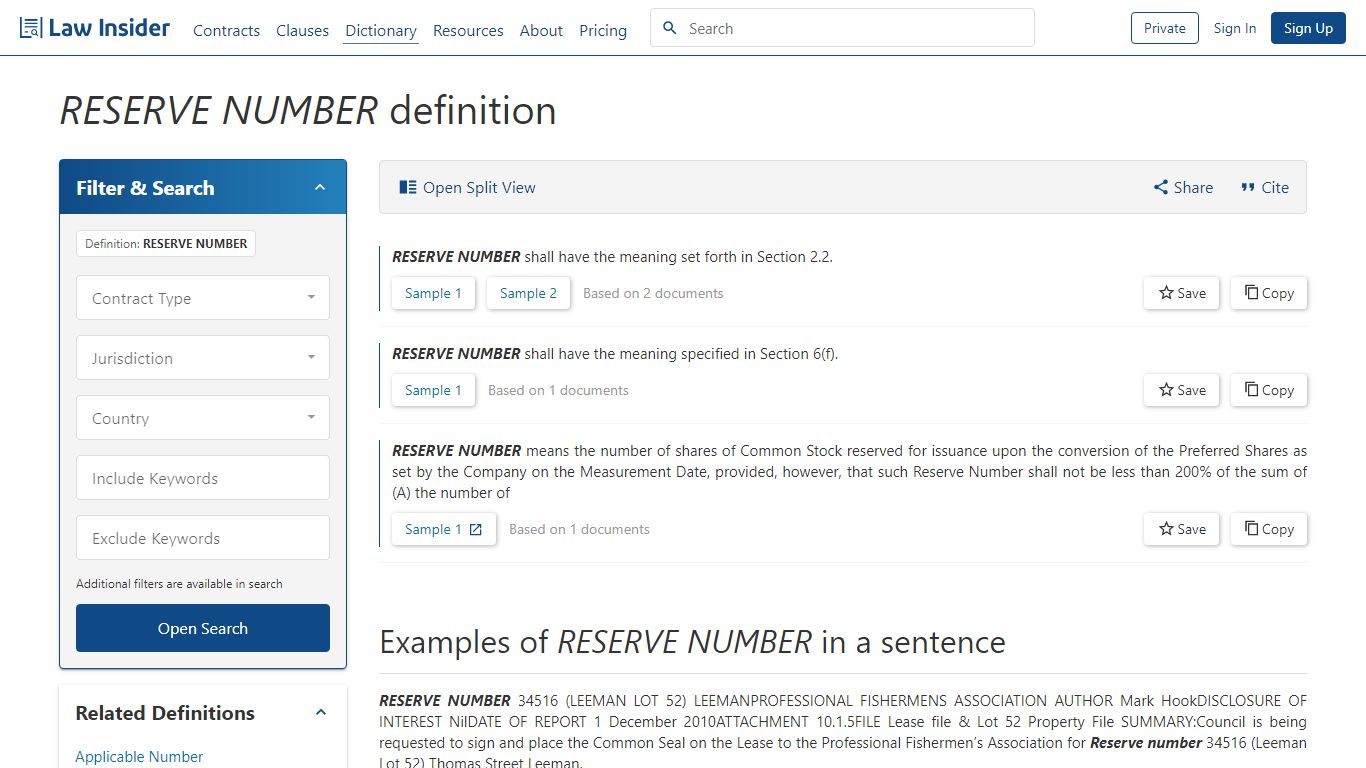 RESERVE NUMBER Definition | Law Insider